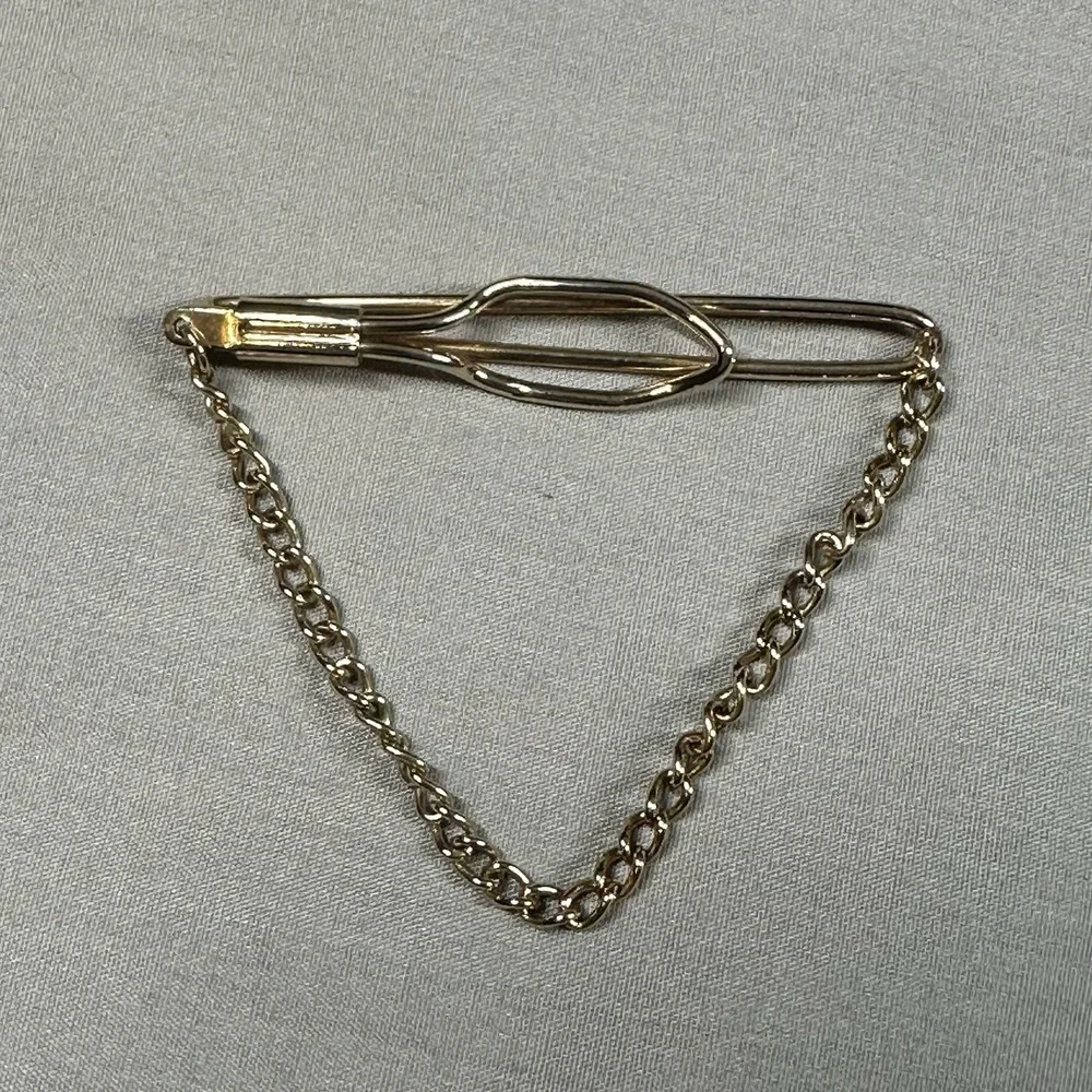 Vintage‎ Gold Tone Tie Bar Clip w/ Chain Mid-Century Men's Accessory Retro